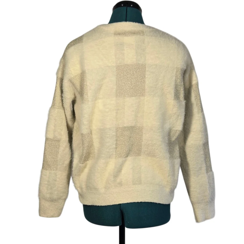 FRNCH Checker Fuzzy Knit Crewneck Sweater Neutral Tan Cream Size Small EUC